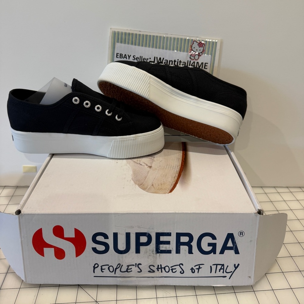 Superga Black Canvas Platform Sneakers with White Sole